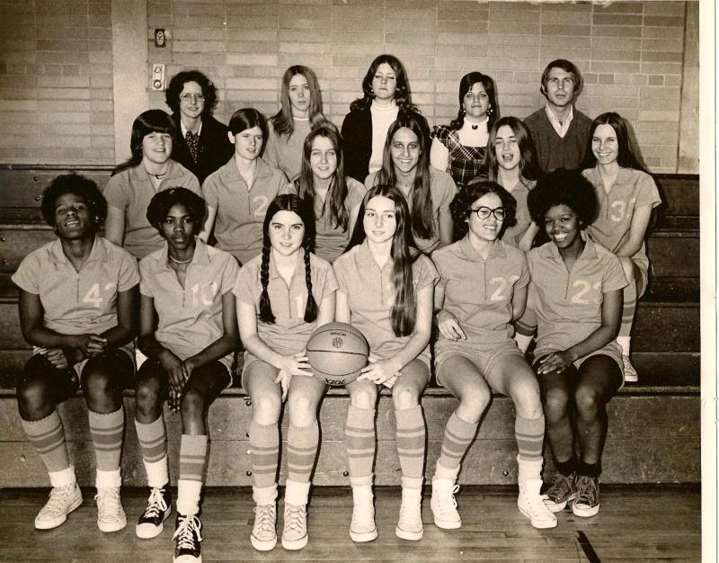 The 1973 state champion girls’ basketball team from Cape Henlopen. In back are (l-r) managers Sandy Hudson, Karen Schrock, Patti Maloney, Leslie Eschenbach and coach Bob Cassady. In middle are Amy Reed and sister Ann Reed, Diane Berens, Cindy Keller, Mary Jane Hitchens and Debbie Hopkins. In front are Virginia Savage, Delores Walker, Nancy Steen, Adele Adams, Christine Burton and Georgia Edwards. CHUCK SNYDER PHOTO
